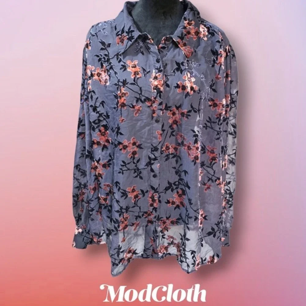 Modcloth Floral Burnout Velvet Sheer Button Up Blouse Grey Navy Pink 4X‎ - Picture 2 of 9
